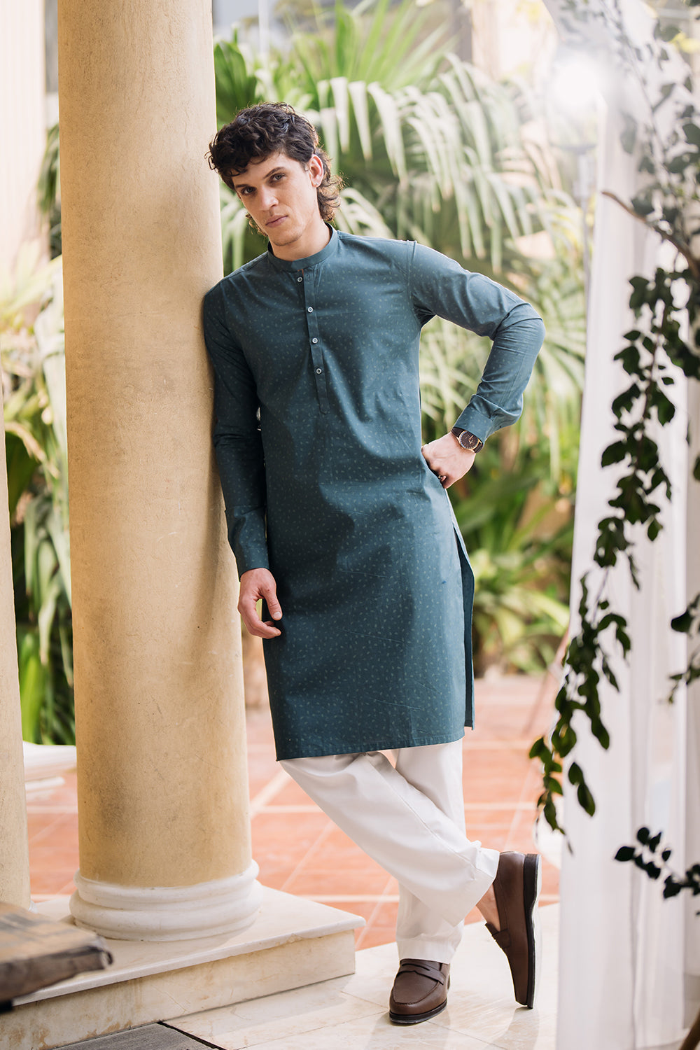 Hydro Green Printed Kurta with White Trouser