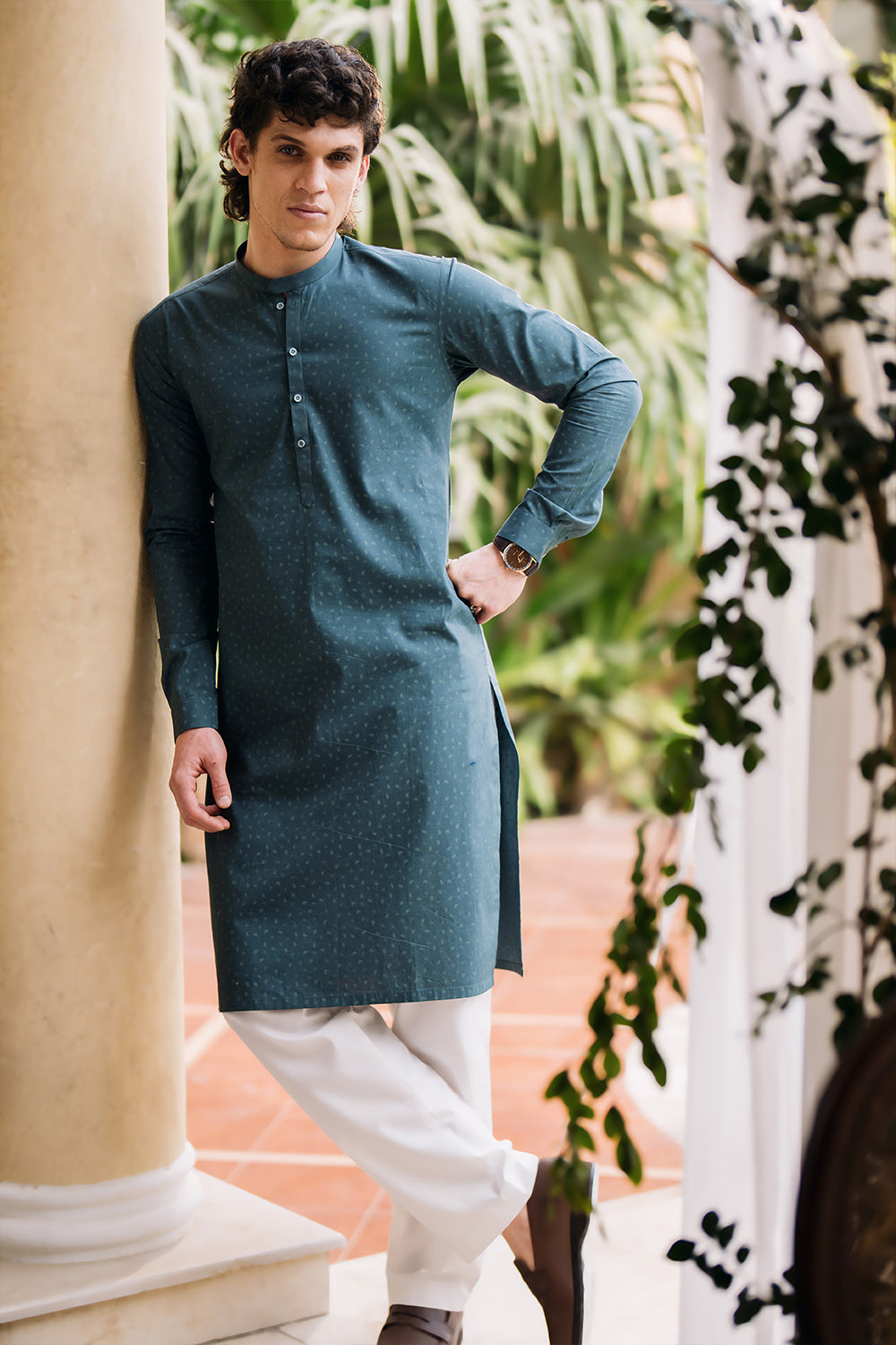 Hydro Green Printed Kurta with White Trouser
