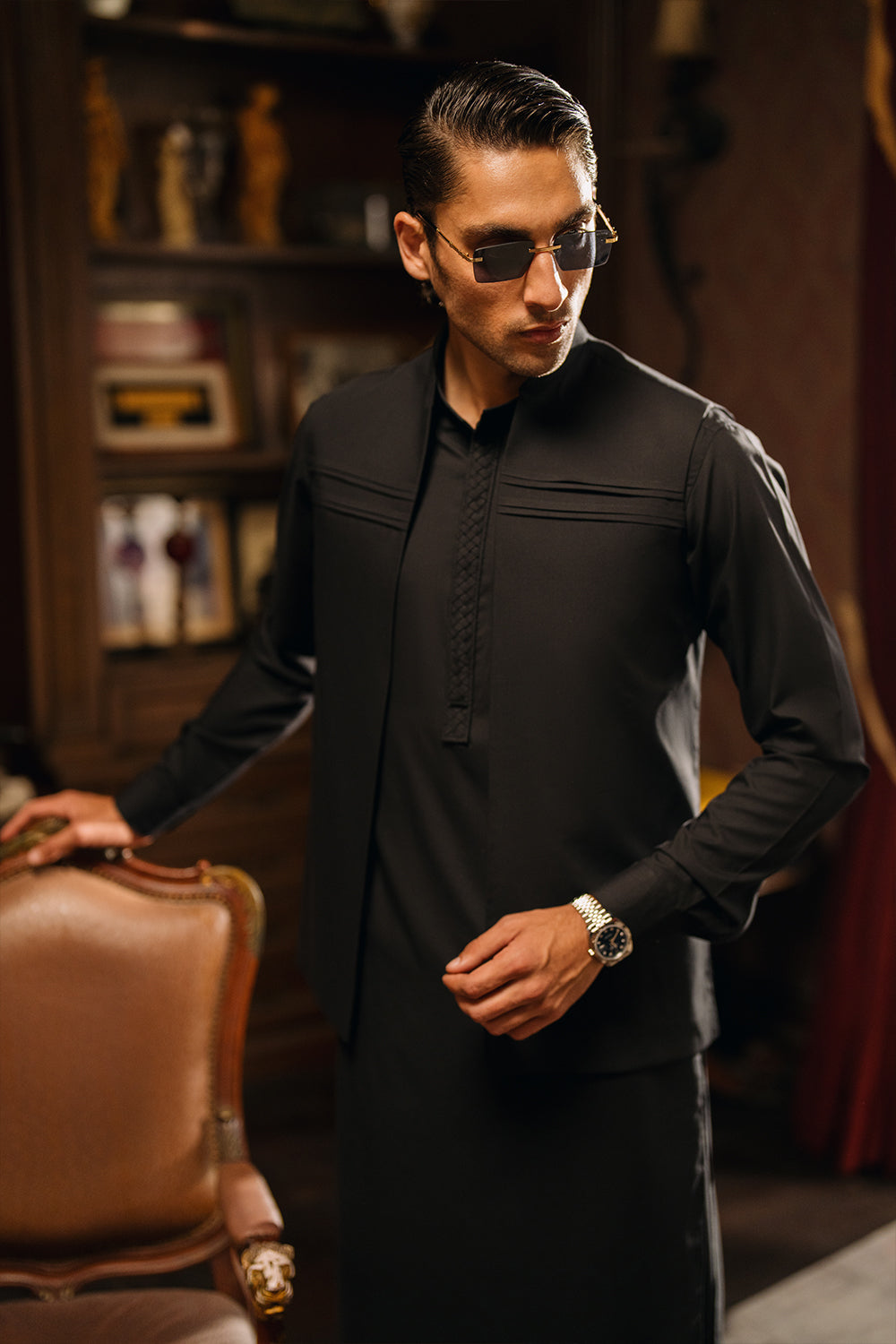 Deep Black Shalwar Kameez with Waistcoat