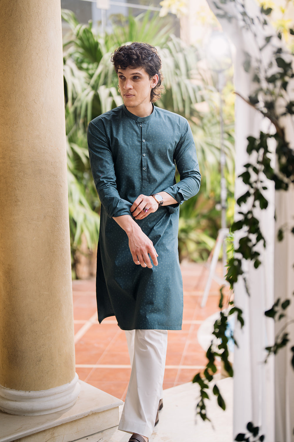 Hydro Green Printed Kurta with White Trouser