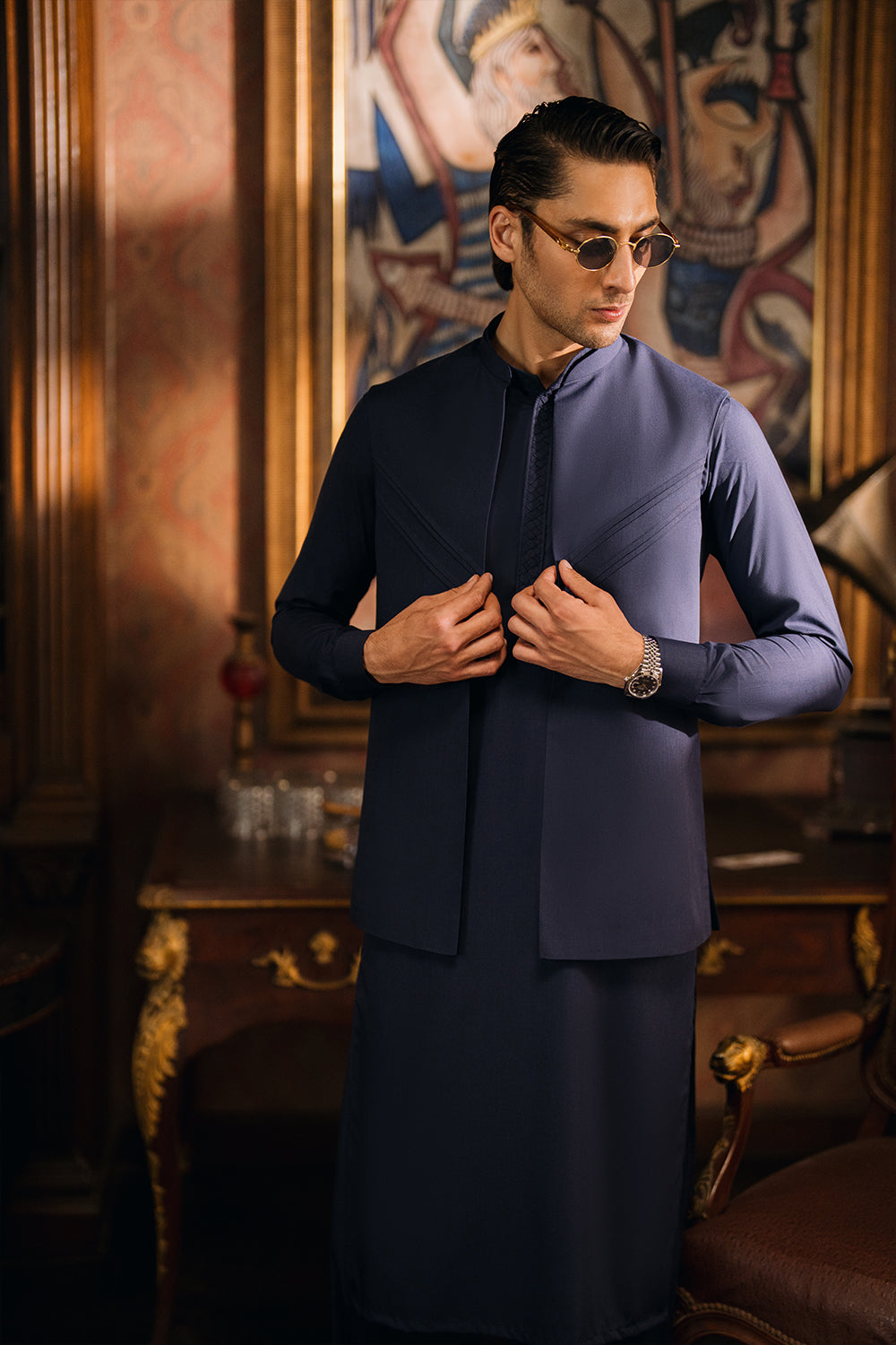 Beacon Blue Shalwar Kameez with Waistcoat