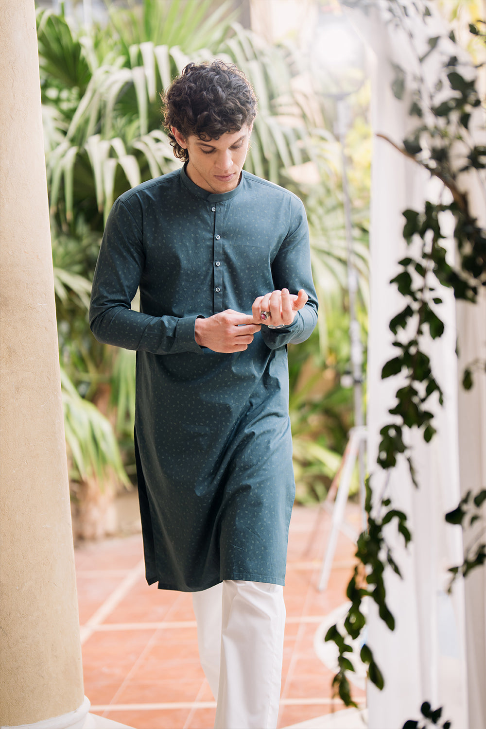 Hydro Green Printed Kurta with White Trouser
