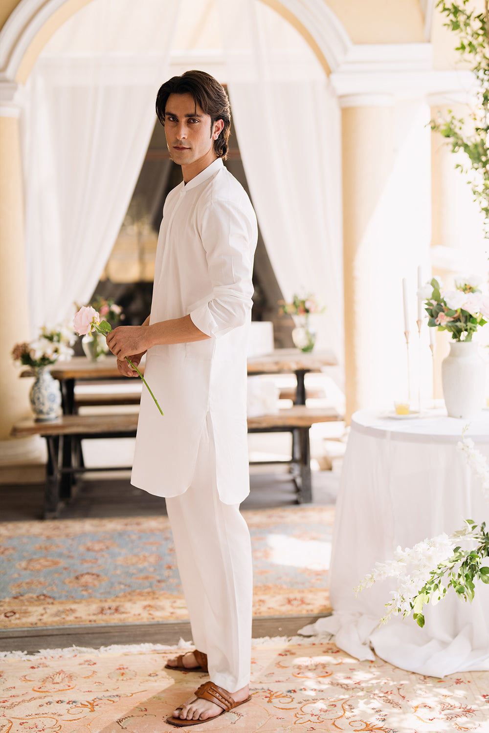 White Kurta with Boot Cut Trouser and Printed Waistcoat