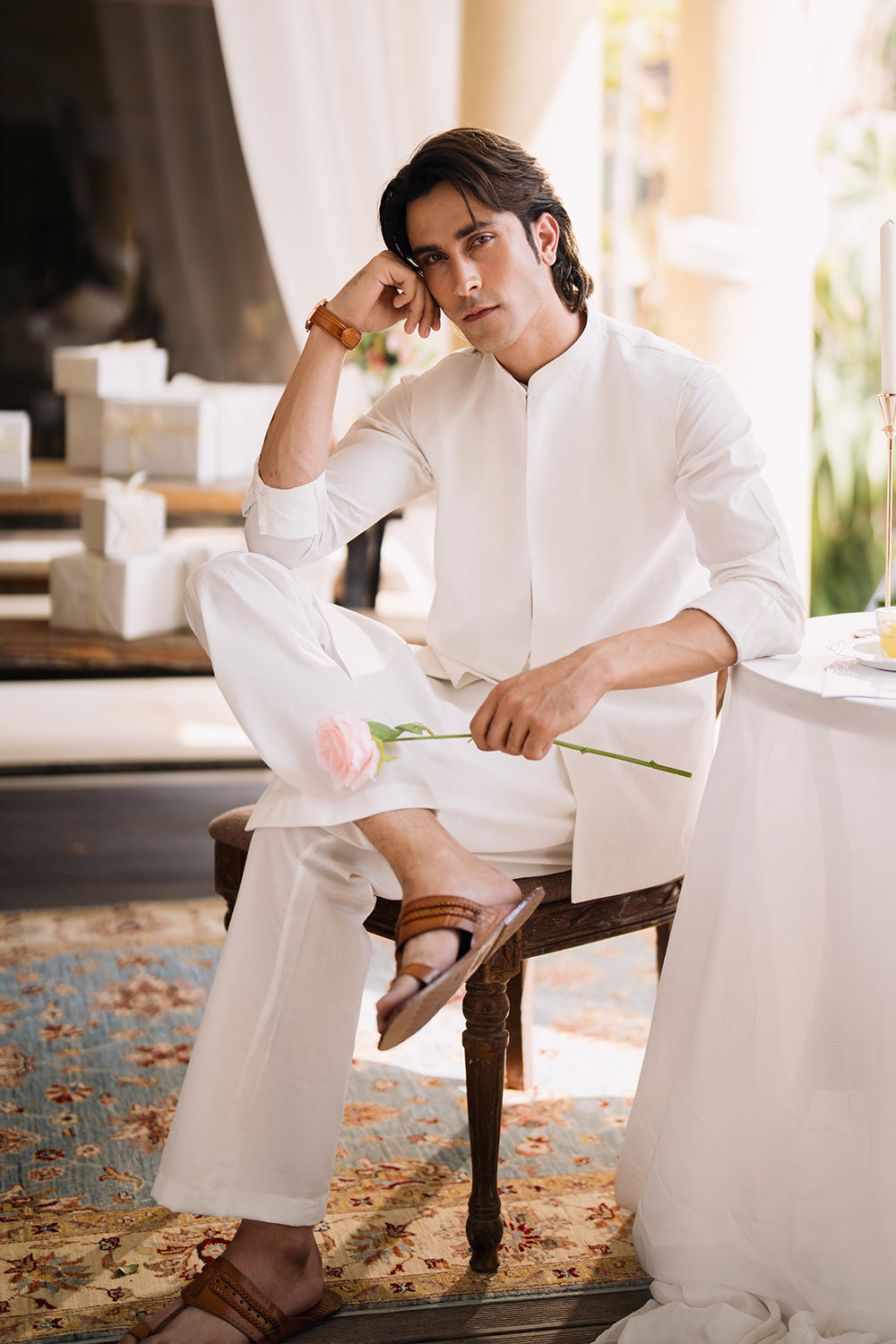 White Kurta with Boot Cut Trouser and Printed Waistcoat