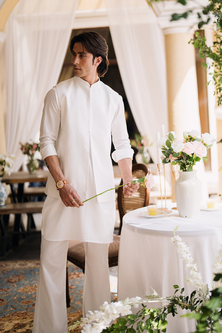 White Kurta with Boot Cut Trouser and Printed Waistcoat