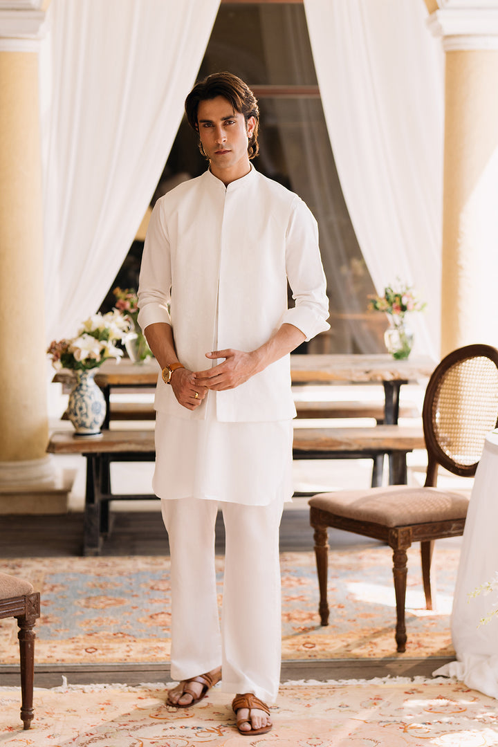 White Kurta with Boot Cut Trouser and Printed Waistcoat