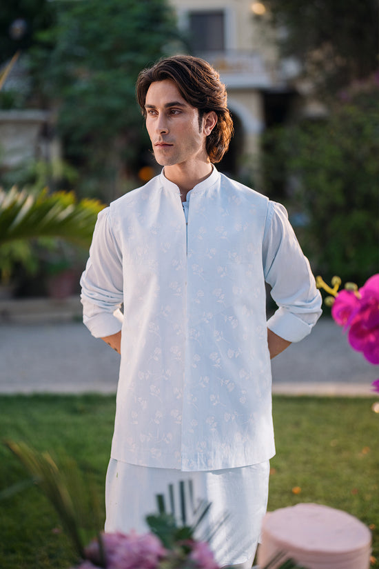 Sky Blue Kurta with White Boot Cut Trouser and Printed Light Blue Waistcoat