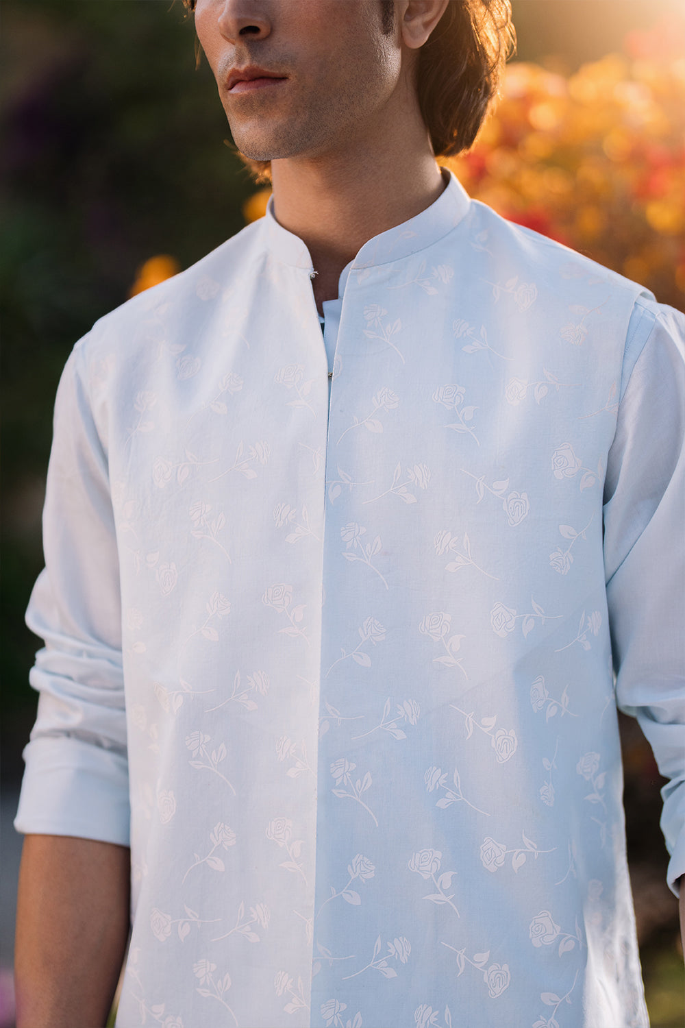 Sky Blue Kurta with White Boot Cut Trouser and Printed Light Blue Waistcoat