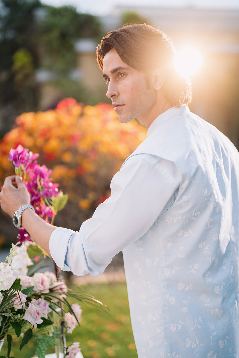 Sky Blue Kurta with White Boot Cut Trouser and Printed Light Blue Waistcoat