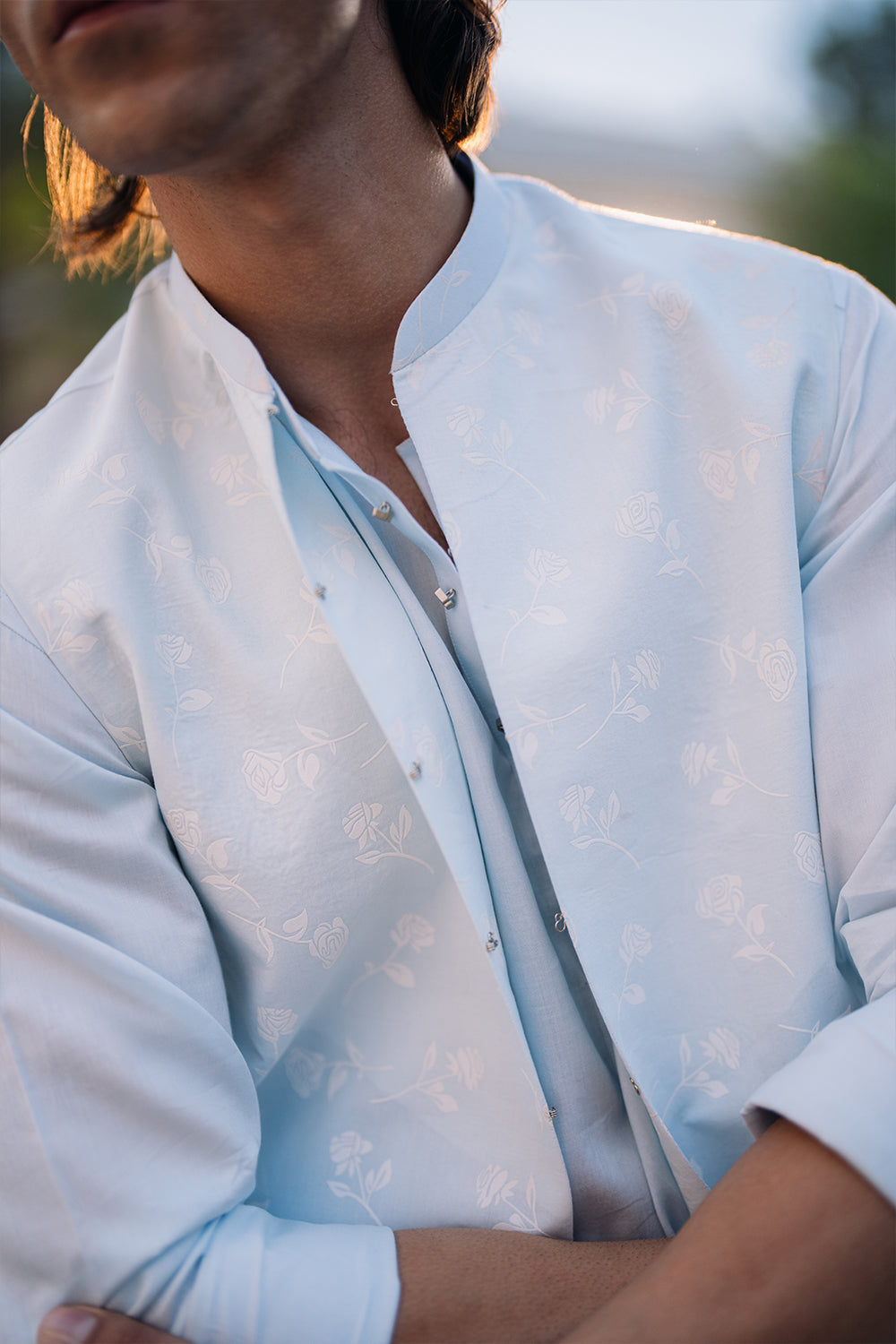 Sky Blue Kurta with White Boot Cut Trouser and Printed Light Blue Waistcoat