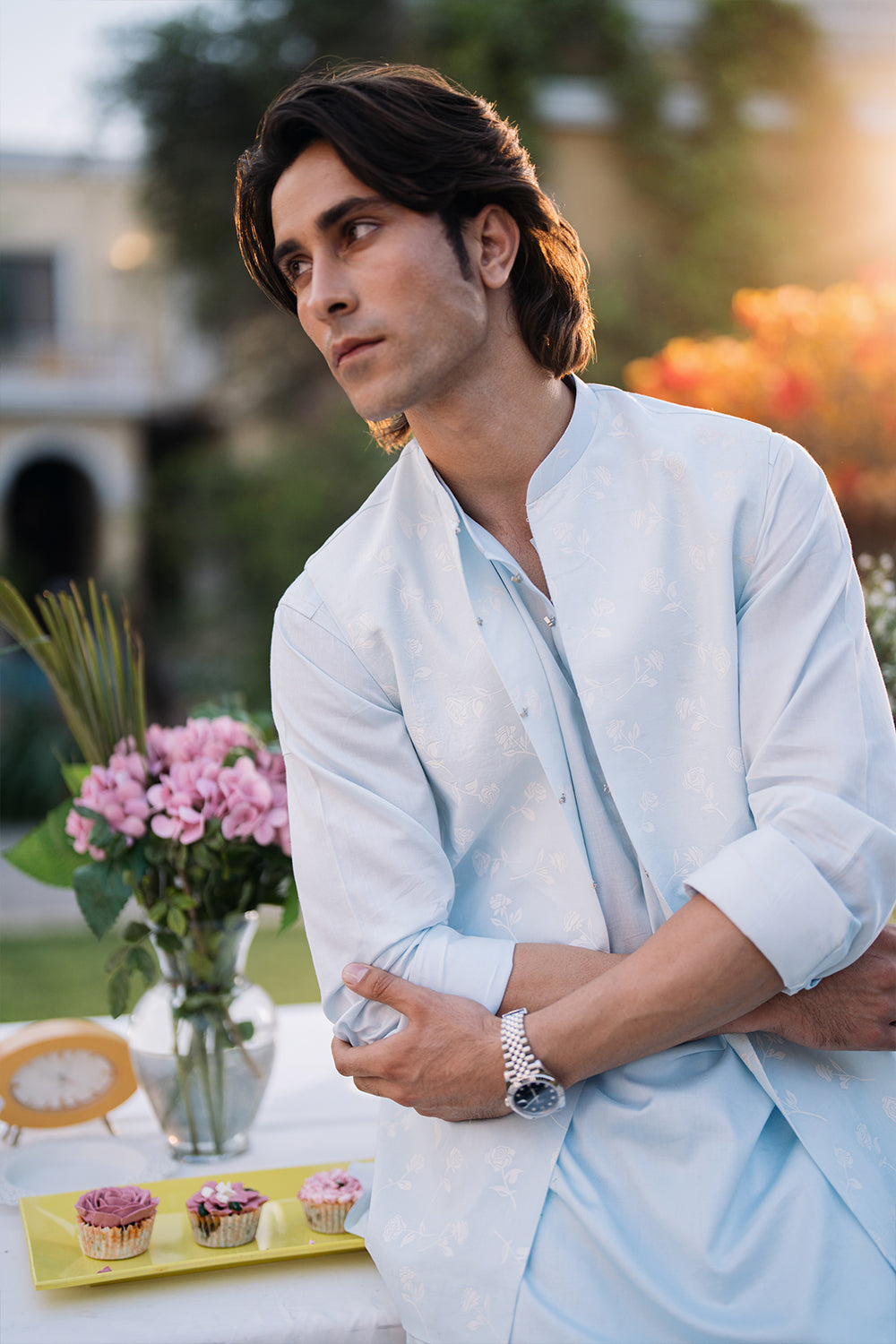 Sky Blue Kurta with White Boot Cut Trouser and Printed Light Blue Waistcoat