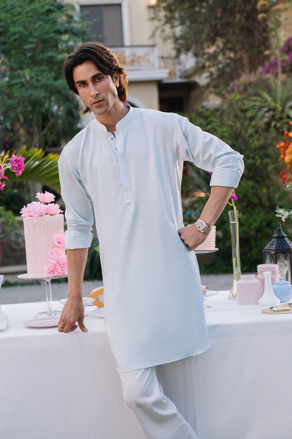 Sky Blue Kurta with White Boot Cut Trouser and Printed Light Blue Waistcoat