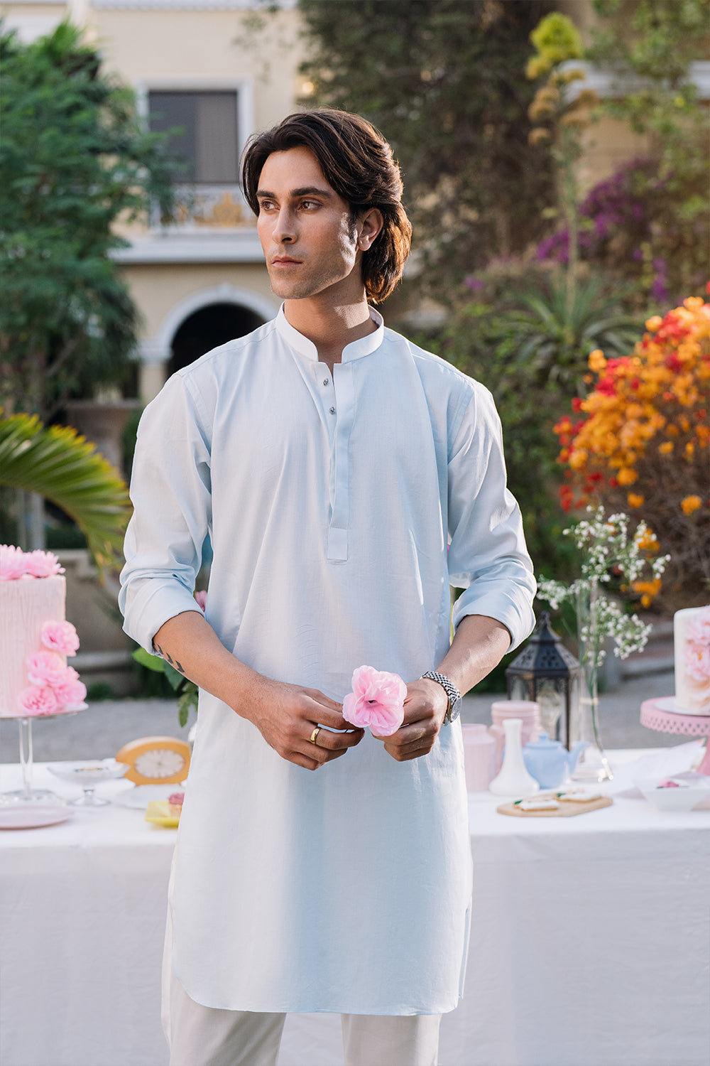 Sky Blue Kurta with White Boot Cut Trouser and Printed Light Blue Waistcoat