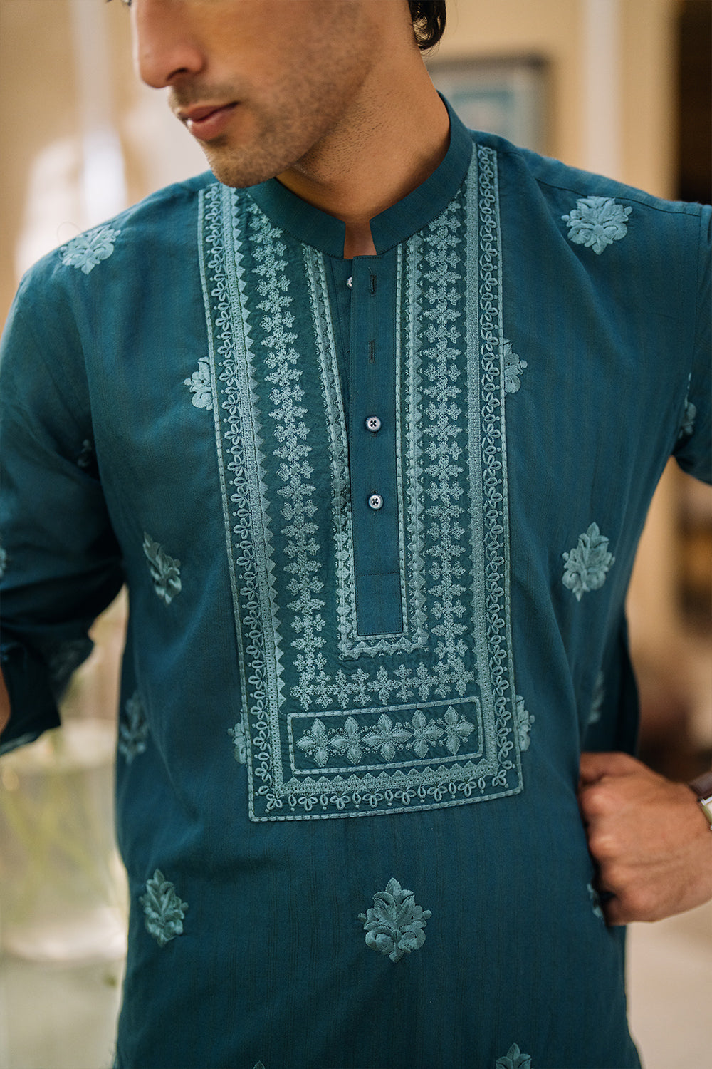 Teal Green Embroidered Kurta Pajama