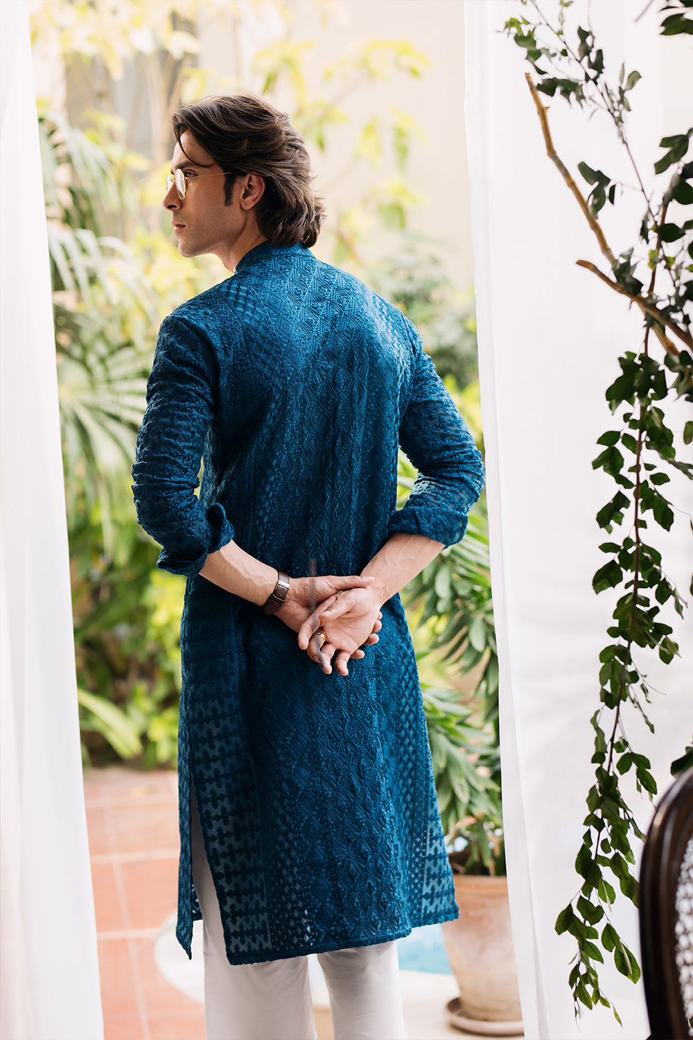 Teal Blue Embroidered Kurta with Boot Cut Trouser