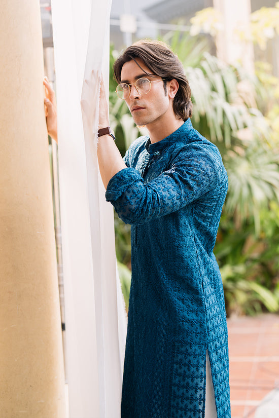 Teal Blue Embroidered Kurta with Boot Cut Trouser