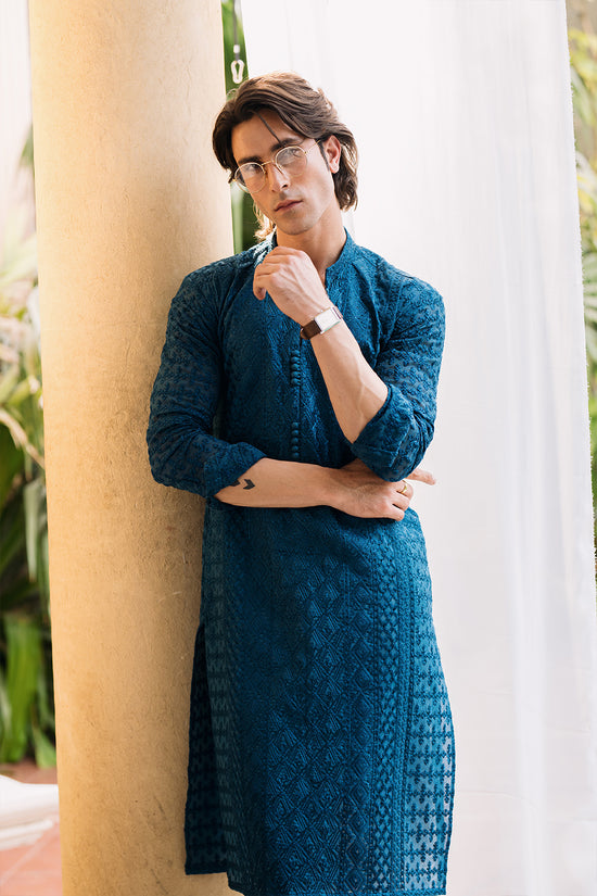 Teal Blue Embroidered Kurta with Boot Cut Trouser