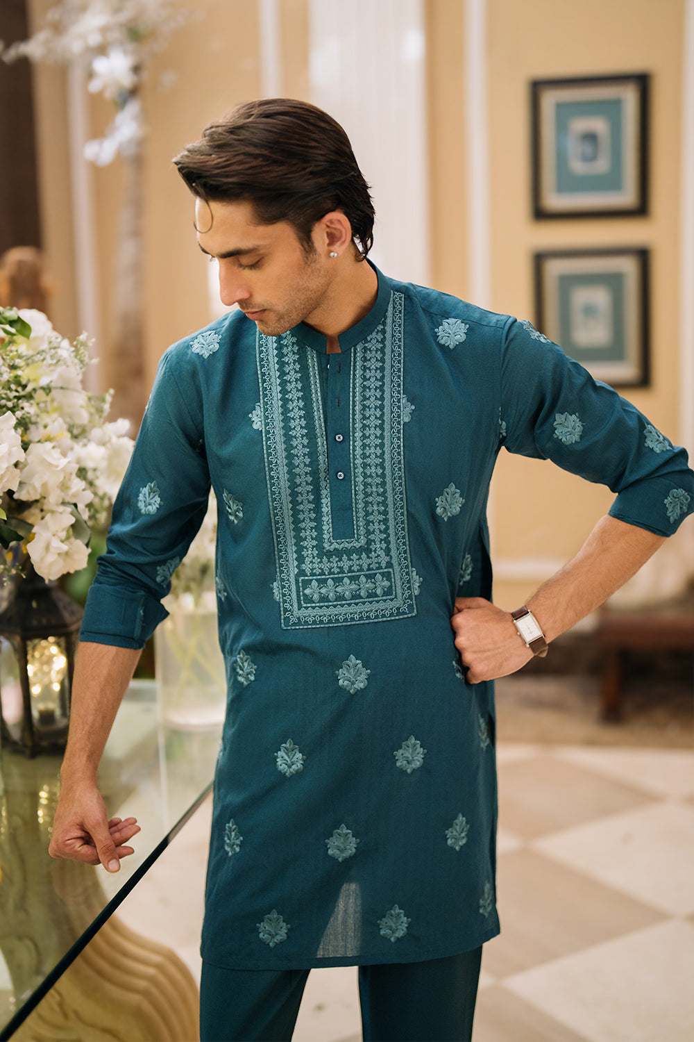 Teal Green Embroidered Kurta Pajama