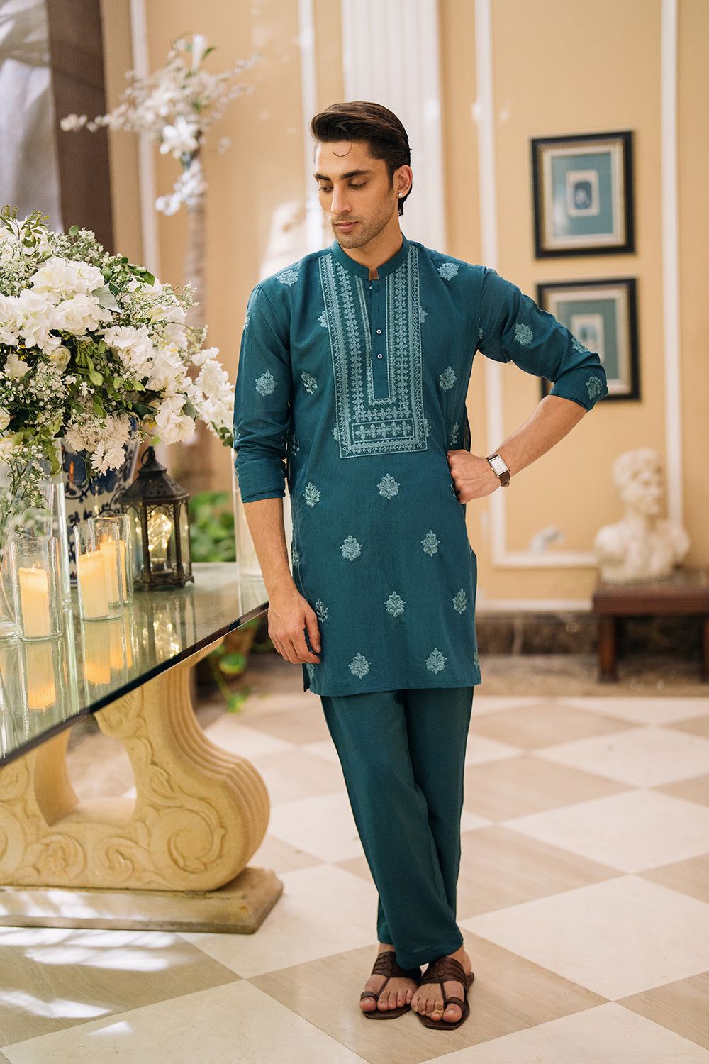 Teal Green Embroidered Kurta Pajama