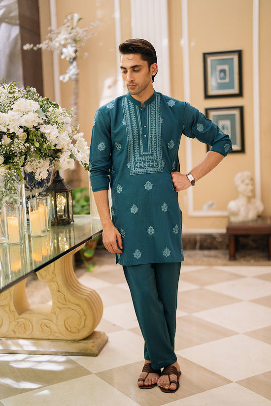 Teal Green Embroidered Kurta Pajama