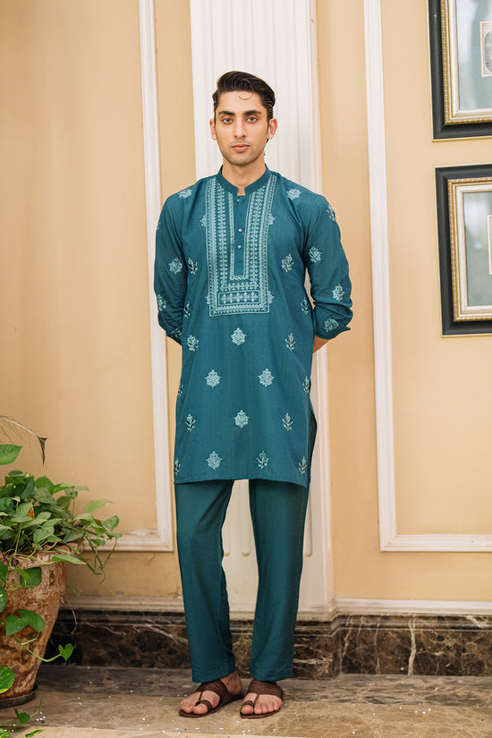 Teal Green Embroidered Kurta Pajama
